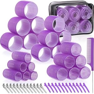 Purple Self-Grip Hair Rollers Set with Clips and Comb